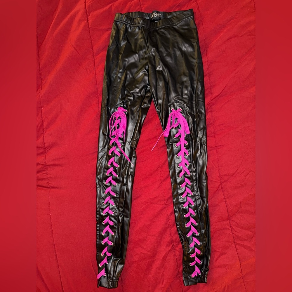 Dolls Kill Black Leggings with Pink Lace-Up Detail